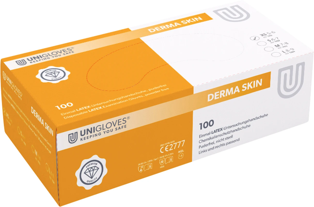 DERMA SKIN Latexhandschuhe Packung 100 Stück puderfrei, naturlatex, XS DERMA SKIN Latexhandschuhe Unigloves