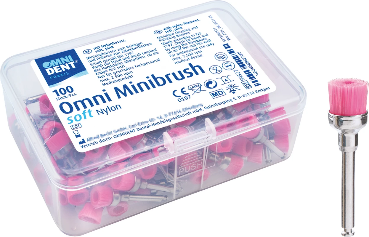 Omni Minibrush Packung 100 Stück Nylonborsten soft, rosa