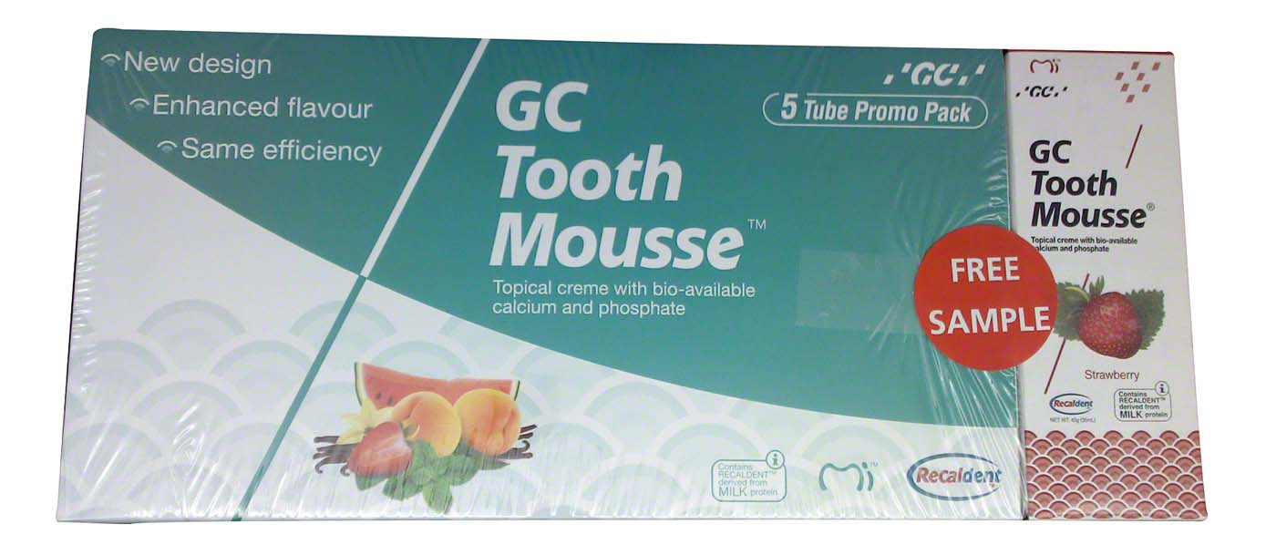 GC Tooth Mousse™ Promopack 5+1 6 x 40 g (Melone, Erdbeere, Tutti-Frutti, Mint, Vanille) plus 1 Tube extra GC Tooth Mousse® GC