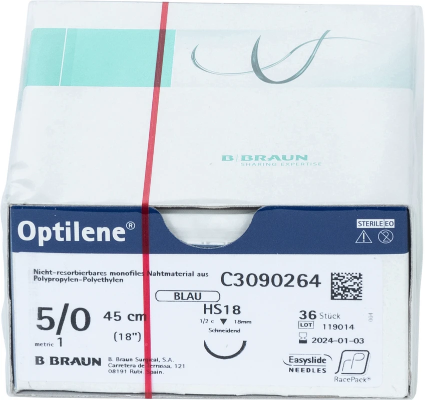 Optilene® Packung 36 Stück blau, 45 cm, HS18, 1/2 Kreis, schneidend, 18 mm, USP 5/0