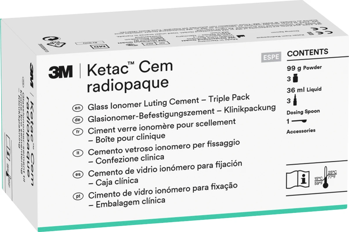 Ketac™ Cem radiopaque Großpackung 3 x 33 g Pulver, 3 x 12 ml Flüssigkeit, 1 Anmischblock
