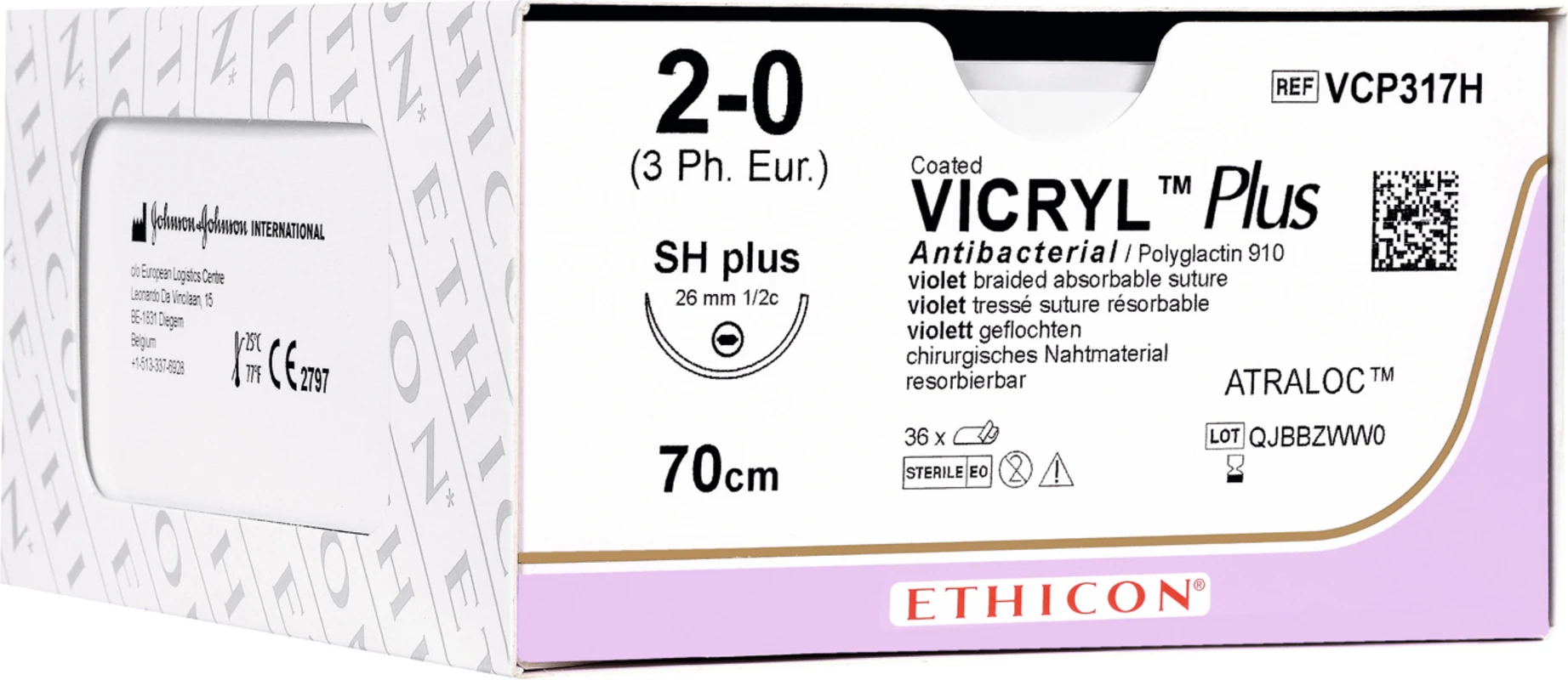 VICRYL™ Plus Packung 36 Stück violett, 70 cm, FS2, 3/8 Kreis, schneidend, 19 mm, USP 4/0