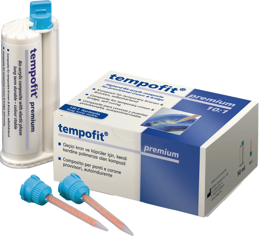 tempofit® premium Standardpackung 50 ml Doppelkartusche A2, 10 Mischkanülen blau