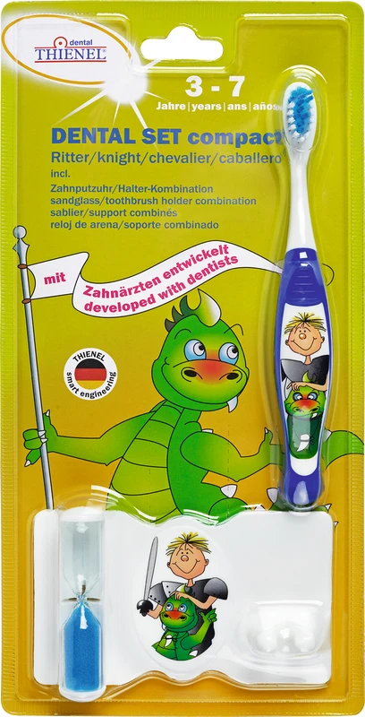 Dental Set compact Packung Ritter (1 Zahnbürste, 1 Zahnbürstenhalter mit Zahnputzuhr) blau