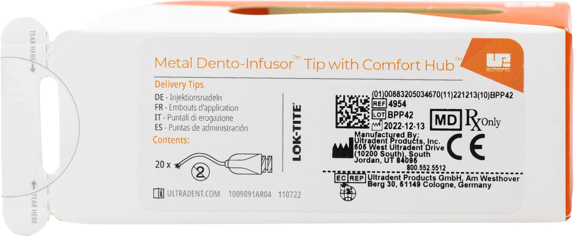 Metal Dento-Infusor™ Tip with Comfort Hub Packung 20 Stück gelb