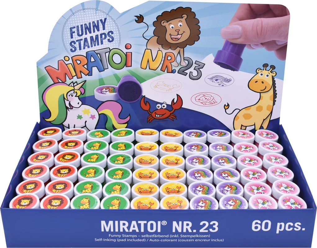 Miratoi Nr. 23 Funny Stamps Packung 5 x 12 Stück (Einhorn 1, Einhorn 2, Giraffe, Krebs, Löwe)