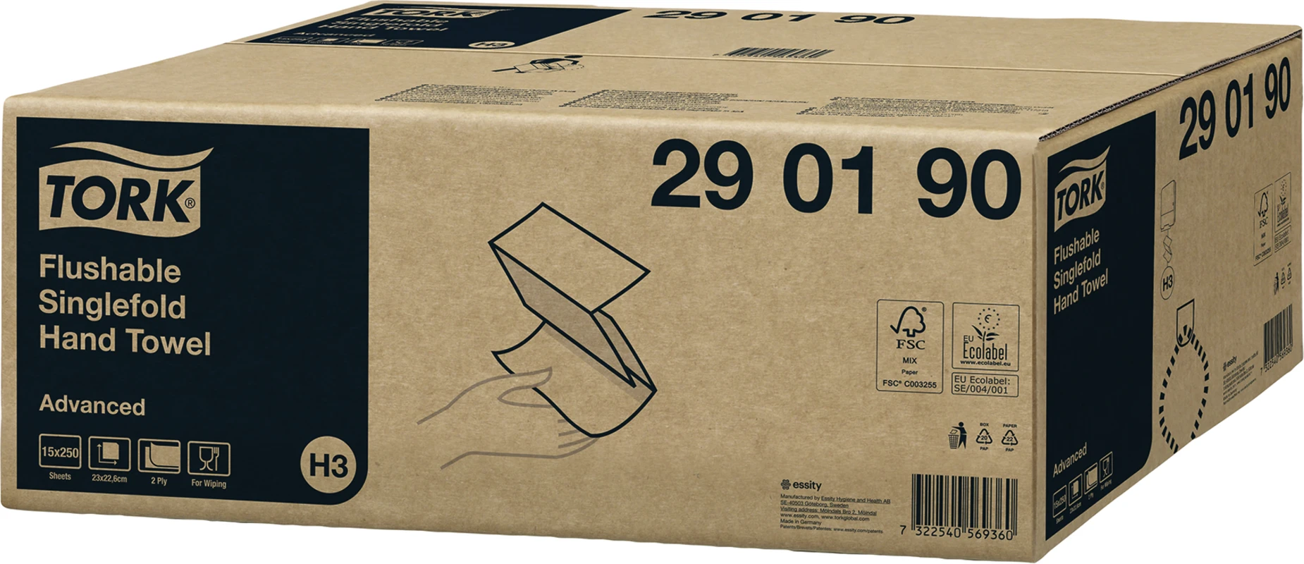TORK® schnellauflösendes Zickzack Handtuch (V-Falz) Packung 15 x 250 Stück, 2-lagig, hochweiß, schnellauflösend