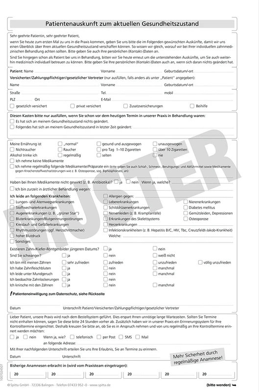Anmeldeformulare Anamnese Stück 100 Blatt A4, mit Recall-Einverständnis