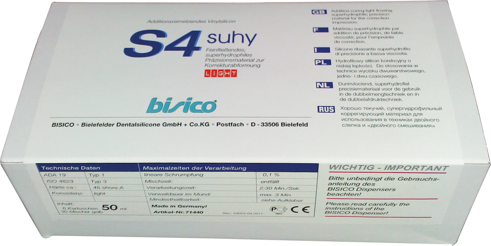 S4 suhy Karton 6 x 50 ml Doppelkartusche, 30 Mischkanülen gelb