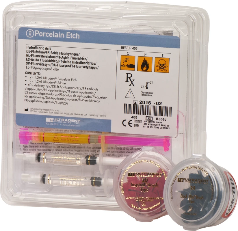 Ultradent™ Porcelain Etch & Silane Kit 2 x 1,2 ml Etch, 2 x 1,2 ml Silane, 40 Tips