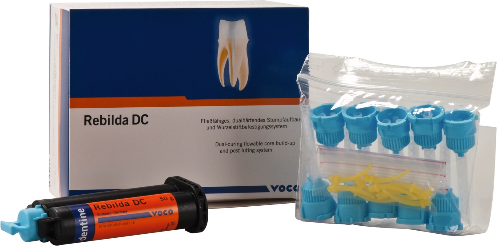 Rebilda® DC Packung 50 g Kartusche dentin, Mischkanülen Typ 12, Applikationsaufsätze Typ 3