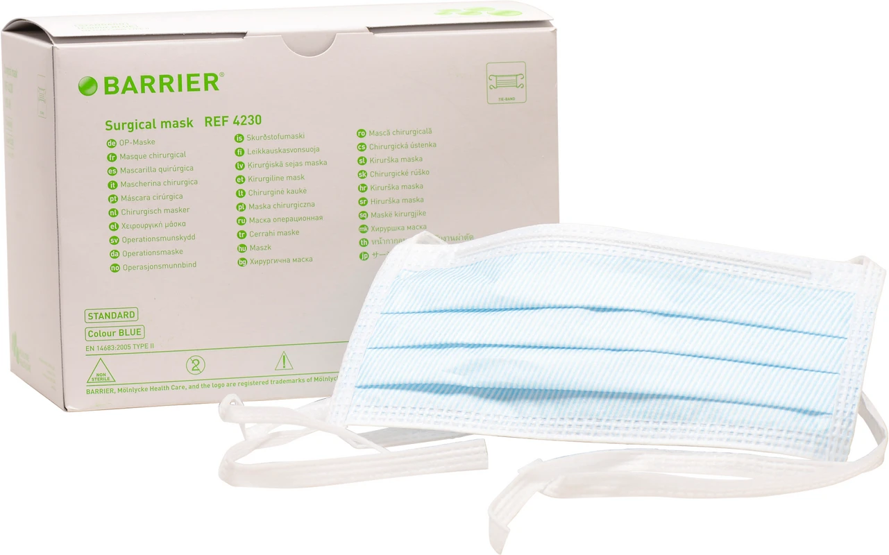 BARRIER® OP-Maske Standard Packung 60 Stück blau, Bindebänder, aus Zellulose, hypoallergen, geringer Atemwiderstand