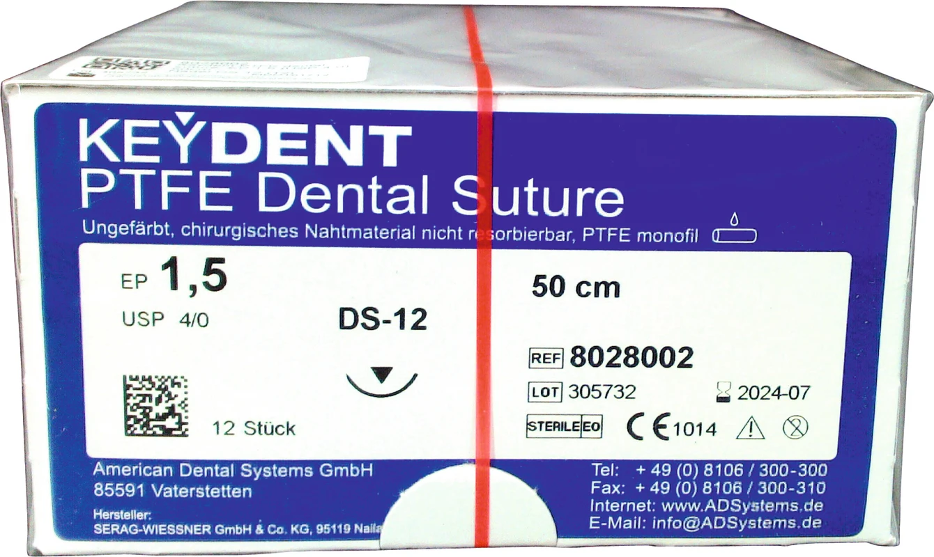 KEYDENT PTFE Packung 12 Stück 50 cm, Edelstahl, DS-12, USP 4/0