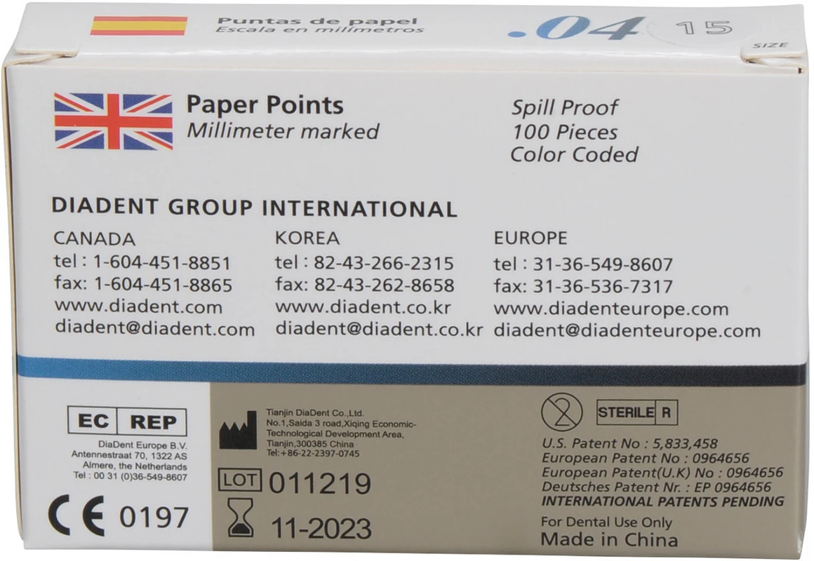 DiaDent® Dia-Pro Paper Points Packung 100 Stück Taper.04, ISO 015