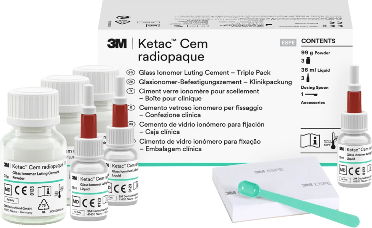 Ketac™ Cem radiopaque Großpackung 3 x 33 g Pulver, 3 x 12 ml Flüssigkeit, 1 Anmischblock