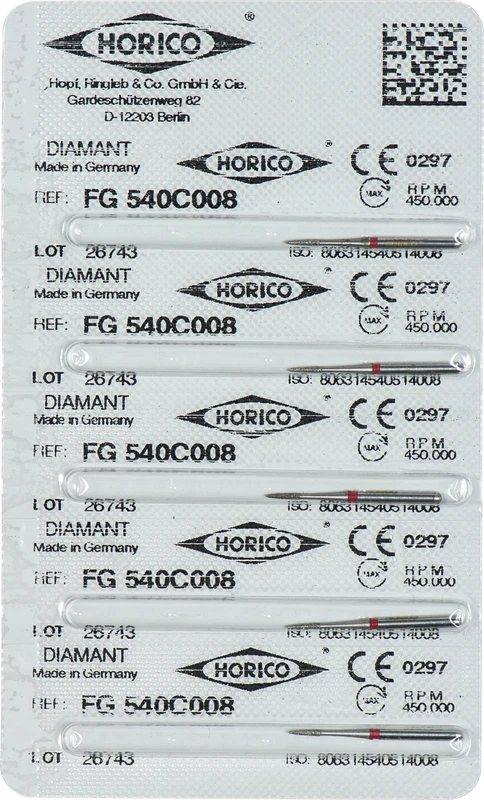 Diamantschleifer 540 Packung 5 Stück rot fein, FG, Figur 540, 4 mm, ISO 008