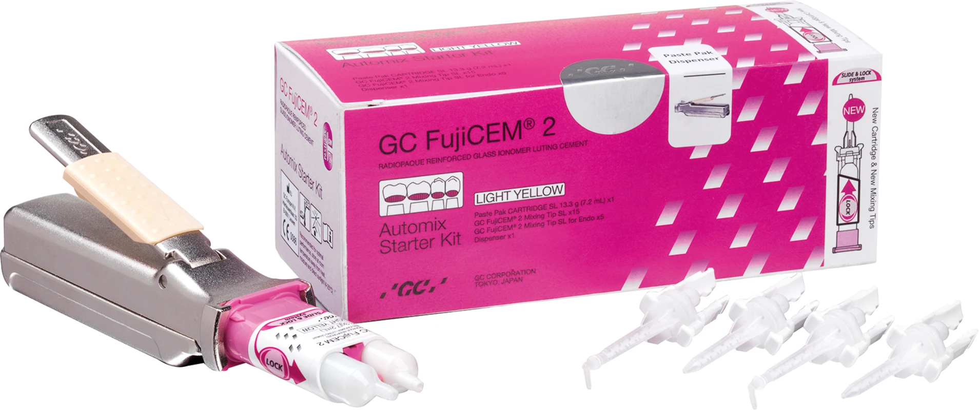 GC FujiCEM® 2 SL Kennlernset 7,2 ml Kartusche SL, 15 FujiCEM 2 Mixing Tips SL, 5 GC FujiCEM 2 Mixing Tip SL Endo, 1 Paste Pak Dispenser GC FujiCEM® 2 SL GC