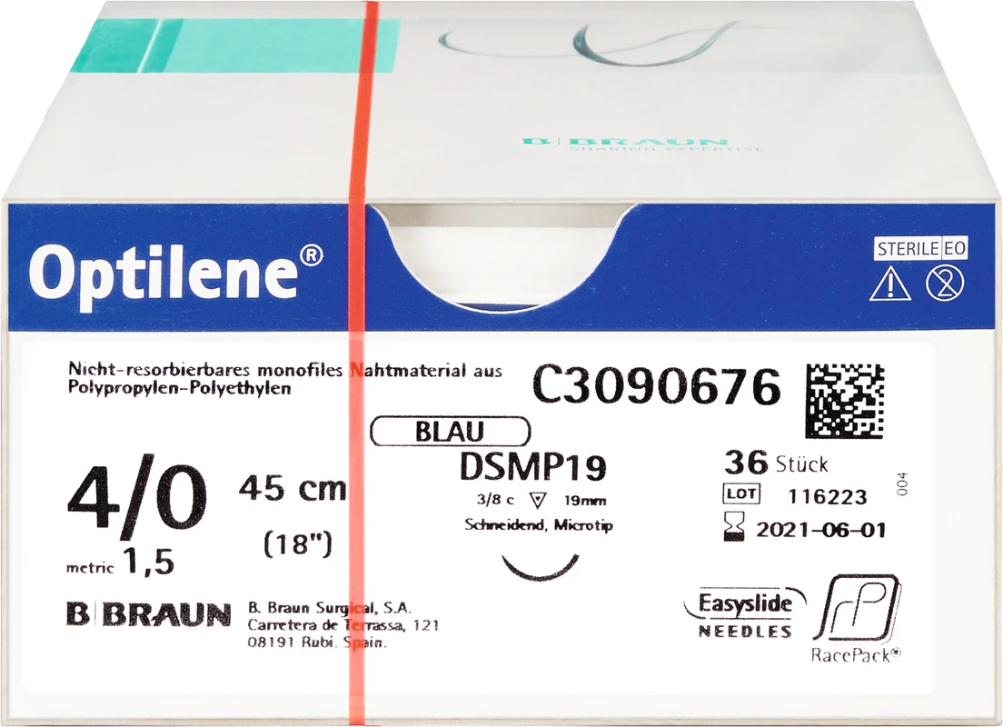 Optilene® Packung 36 Stück blau, 45 cm, DSMP19, 3/8 Kreis, schneidend, Mikropräzision, 19 mm, USP 4/0