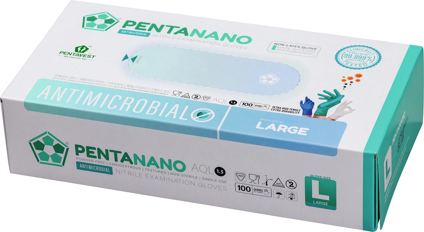 Pentanano Antimicrobial Nitril Packung 100 Stück puderfrei unsteril, Größe L