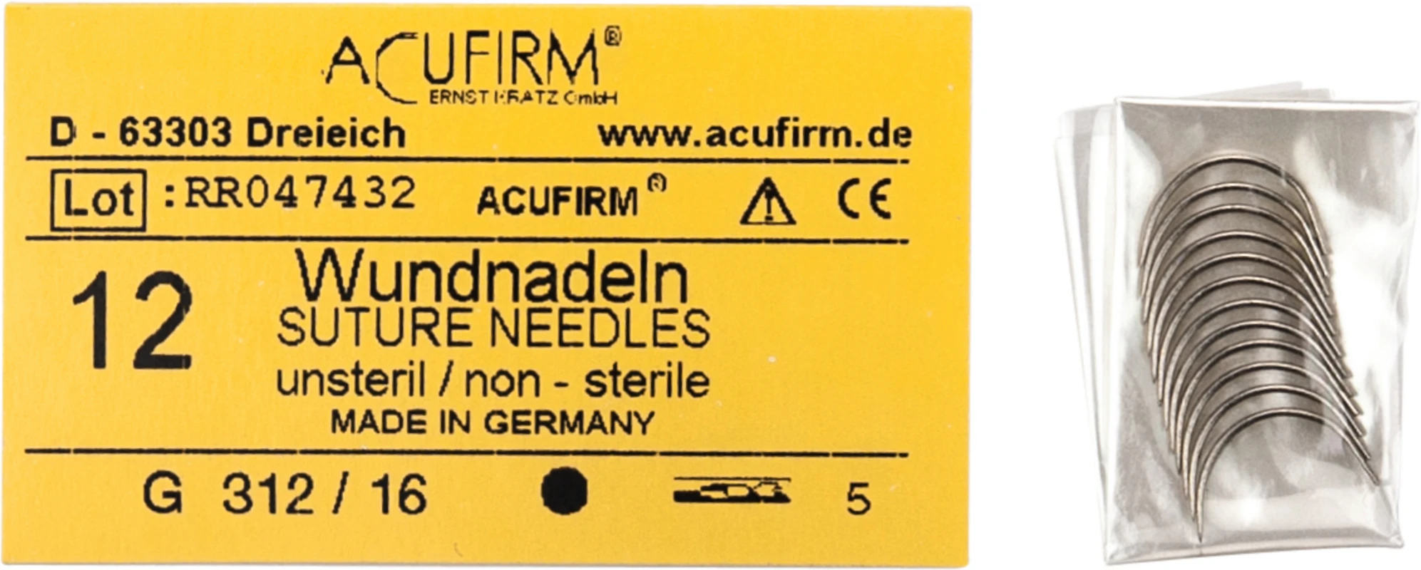 Wundnadeln Packung 12 Stück Kohlenstoff, 312G, 1/2 Kreis, rund, Größe 16