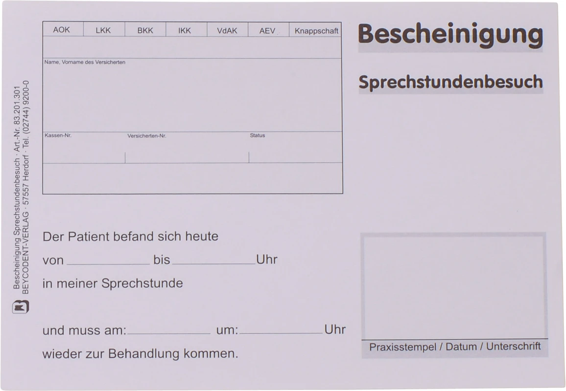 Bescheinigung über Sprechstundenbesuch Beycodent