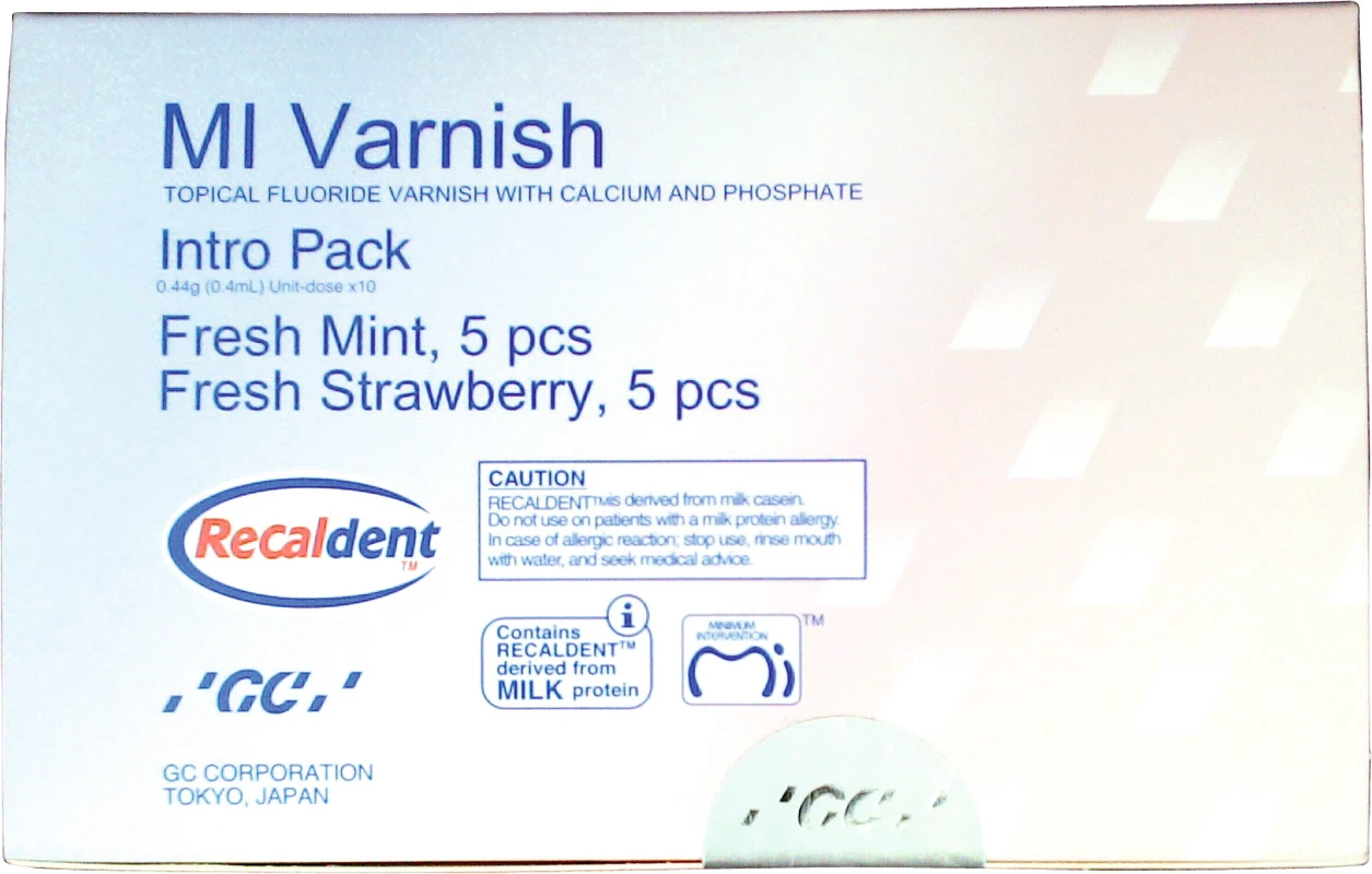 GC MI Varnish™ Intro Packung 10 x 0,40 ml (5 x Erdbeere, 5 x Minze), 20 Einmalpinsel