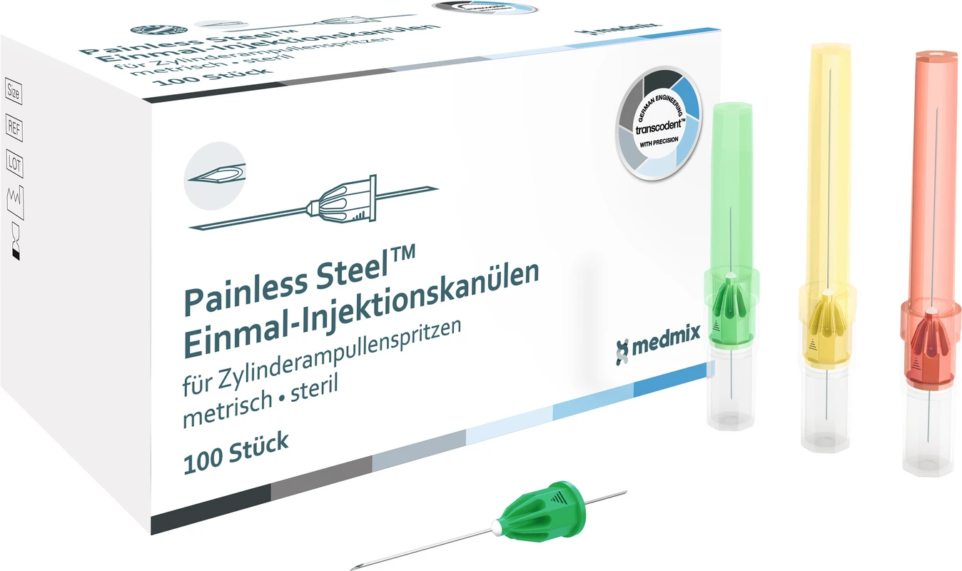 transcodent™ Painless Steel™ Einmal-Injektionskanülen Packung 100 Stück gelb, G27 0,4 x 23 mm