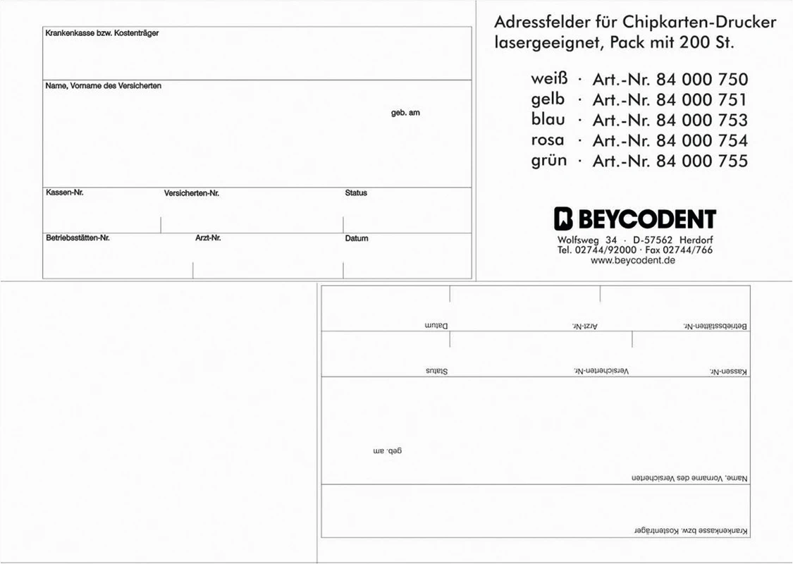 Adressfeld 750 für Chipkartenausdruck Packung 200 Stück weiß