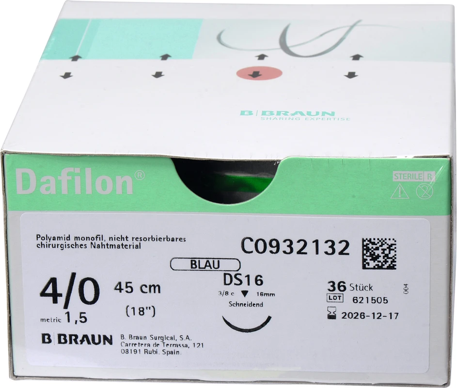 Dafilon® Packung 36 Stück blau, 45 cm, DS16, 3/8 Kreis, schneidend, 16 mm, USP 4/0