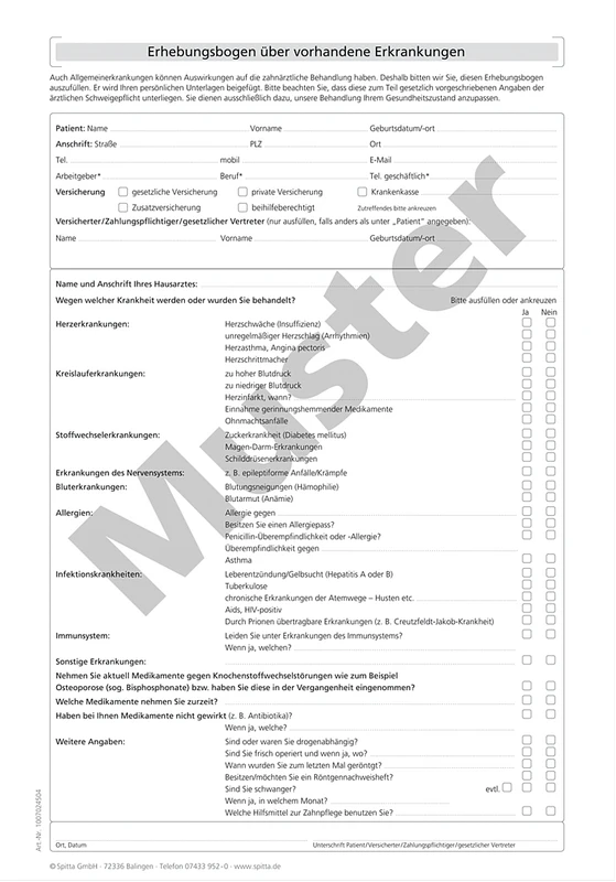 Anmeldeformulare Anamnese Stück 100 Blatt A4, vorhandene Erkrankungen