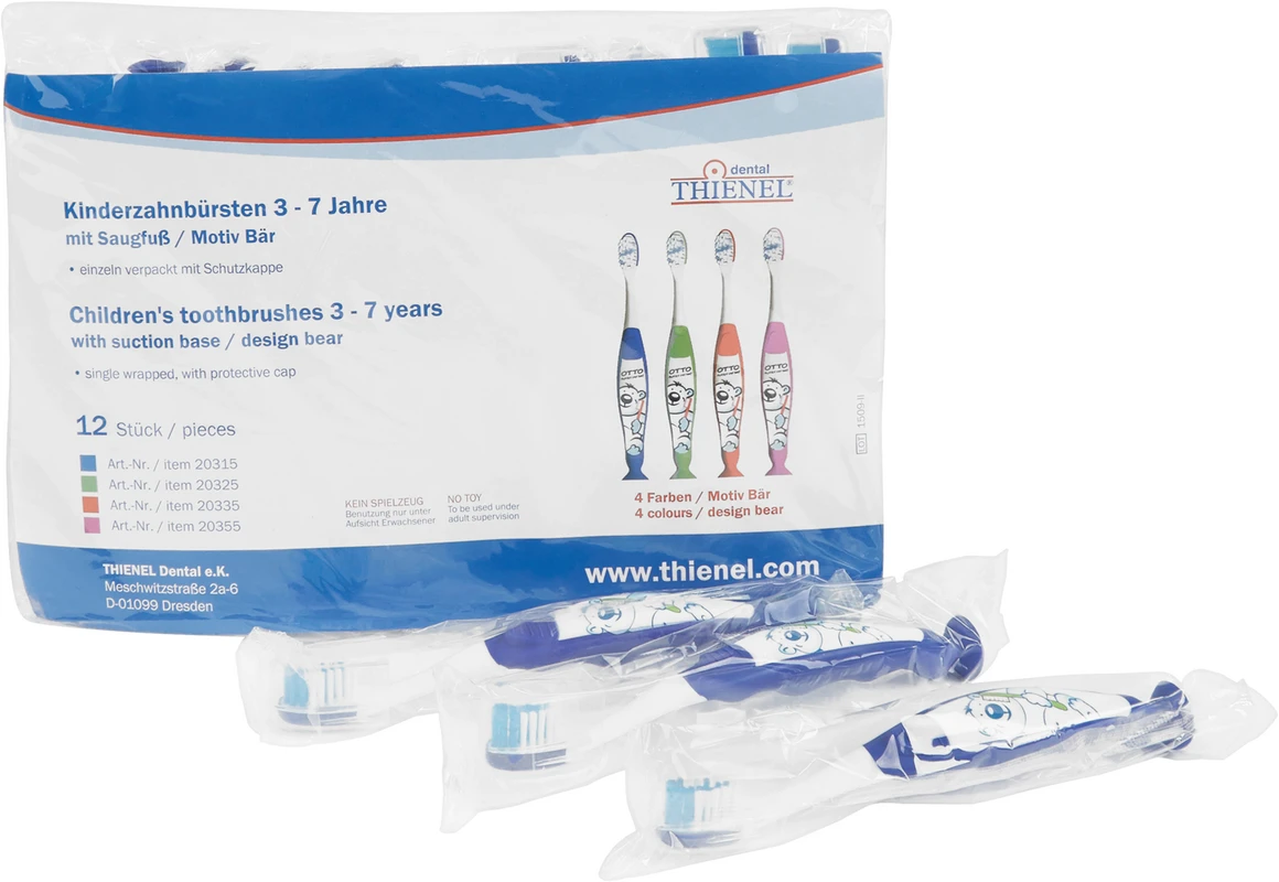 Kinderzahnbürste mit Saugfuss Packung 12 Stück Bär, blau