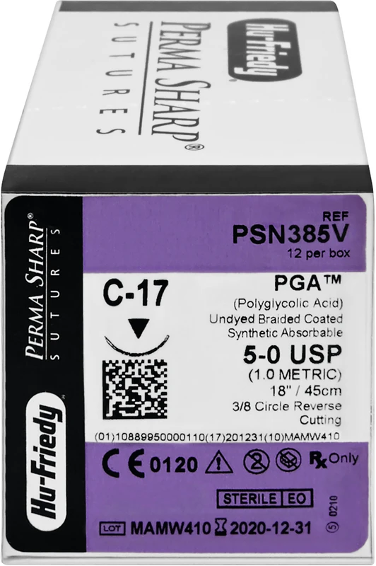 Perma Sharp™ PGA Packung 12 Stück ungefärbt, 45 cm, C-17, 3/8 Kreis, schneidend, Rückstich, 12 mm, USP 5/0