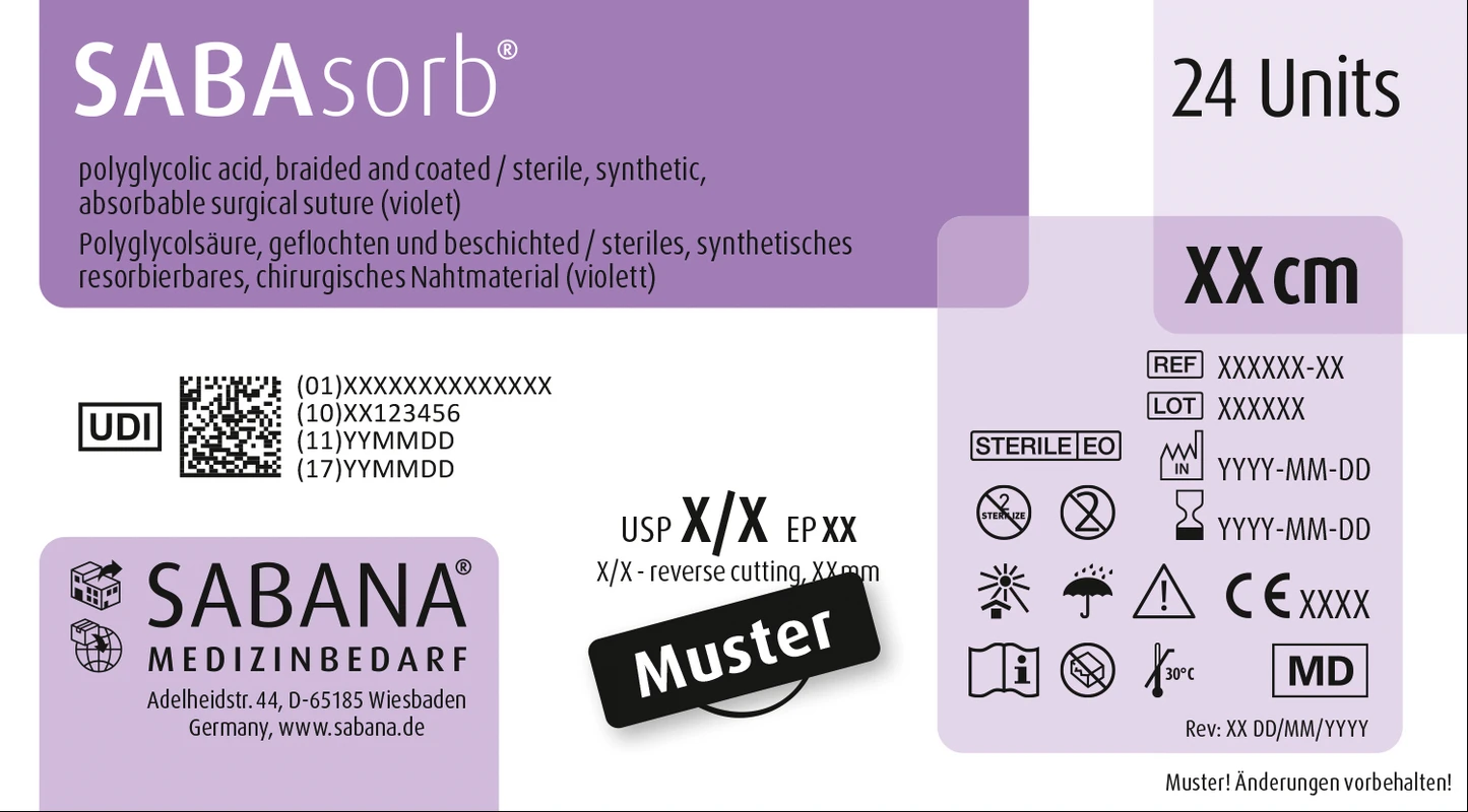 SABAsorb® Packung 24 Stück violett, 45 cm, DS-12, 3/8 Kreis, schneidend, 12 mm, USP 6/0