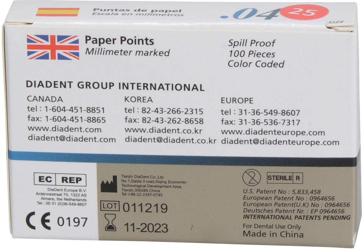 DiaDent® Dia-Pro Paper Points Packung 100 Stück Taper.04, ISO 025