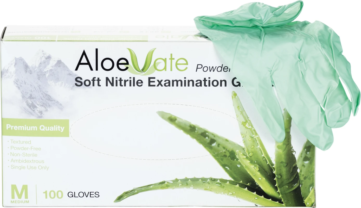 AloeVate Nitrilhandschuhe Packung 100 Stück puderfrei, grün, M AloeVate Nitrilhandschuhe Jovident