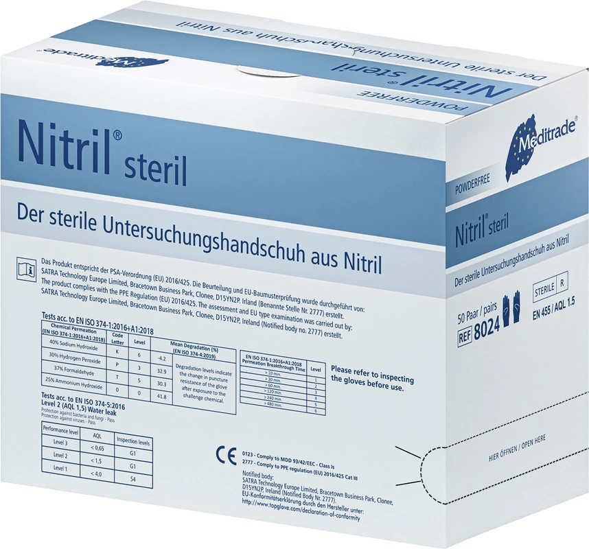 Nitril® steril Packung 50 Paar Handschuhe blau steril, puderfrei, latexfrei, Größe M