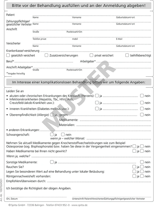 Anmeldeformulare Anamnese Stück 100 Blatt A5, Hochformat