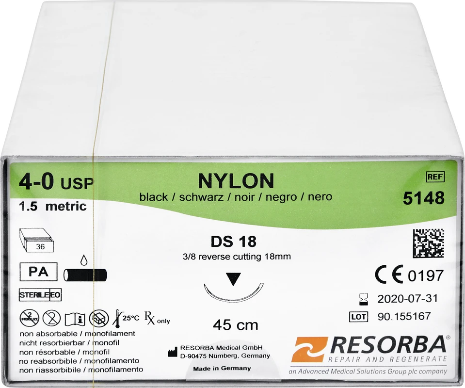 Nylon Monofil Packung 36 Stück schwarz, 45 cm, DS18, 3/8 Kreis, außen schneidend, 18 mm, USP 4/0