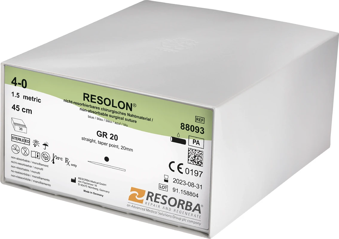 RESOLON® Packung 36 Stück blau, 45 cm, GR20, gerade, Rundkörper, 20 mm, USP 4/0