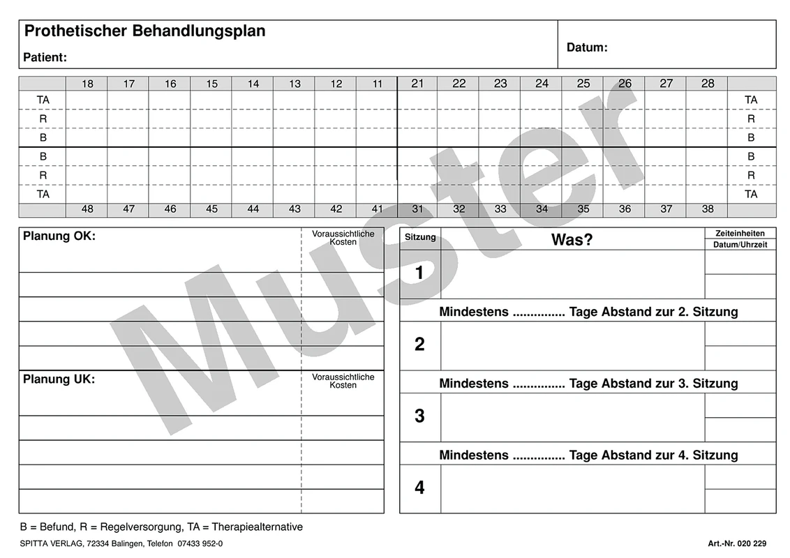 Behandlungsplan Zahnersatz / Prothetik Stück 100 Blatt Behandlungsplan Prothetik