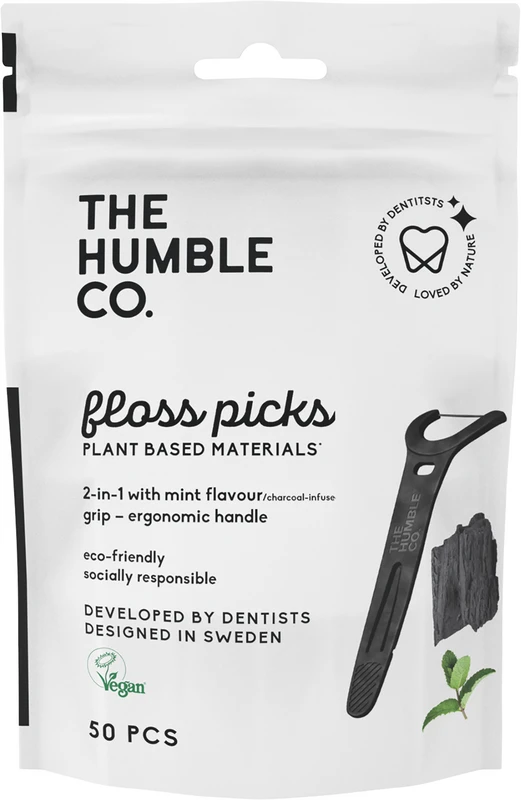 Humble Floss Picks Beutel 50 Stück Aktivkohle, mit abgewinkelten Griff