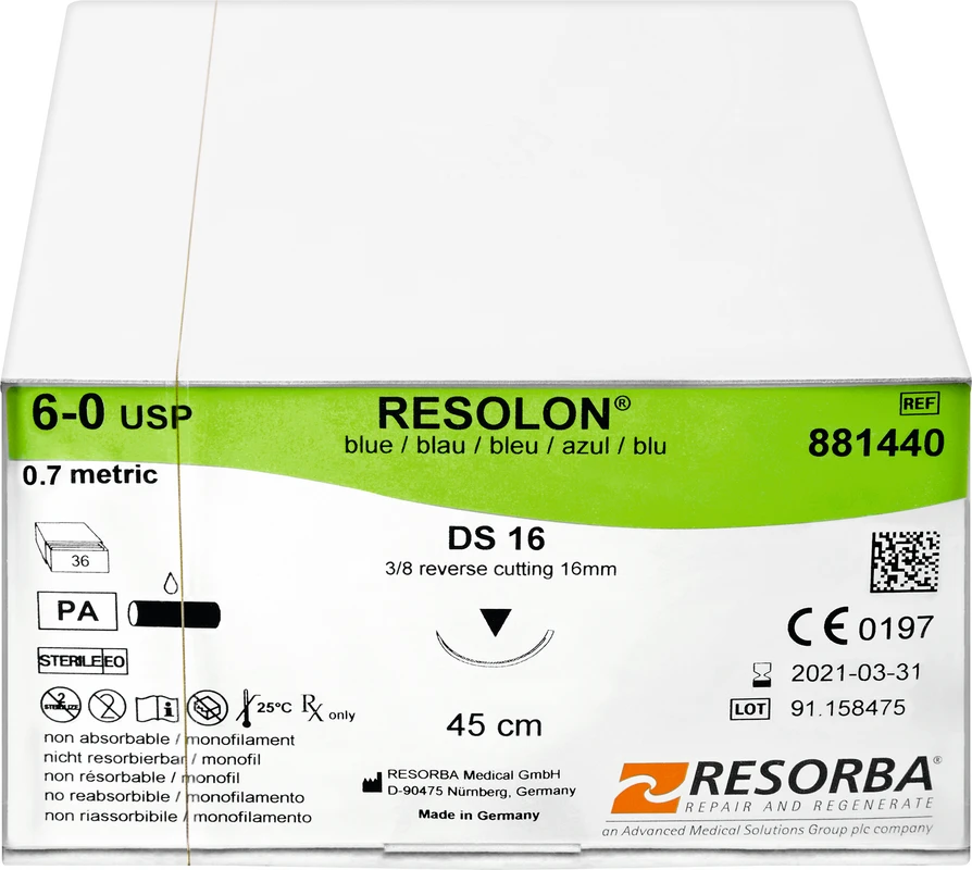 RESOLON® Packung 36 Stück blau, 45 cm, DS16, 3/8 Kreis, außen schneidend, 16 mm, USP 6/0