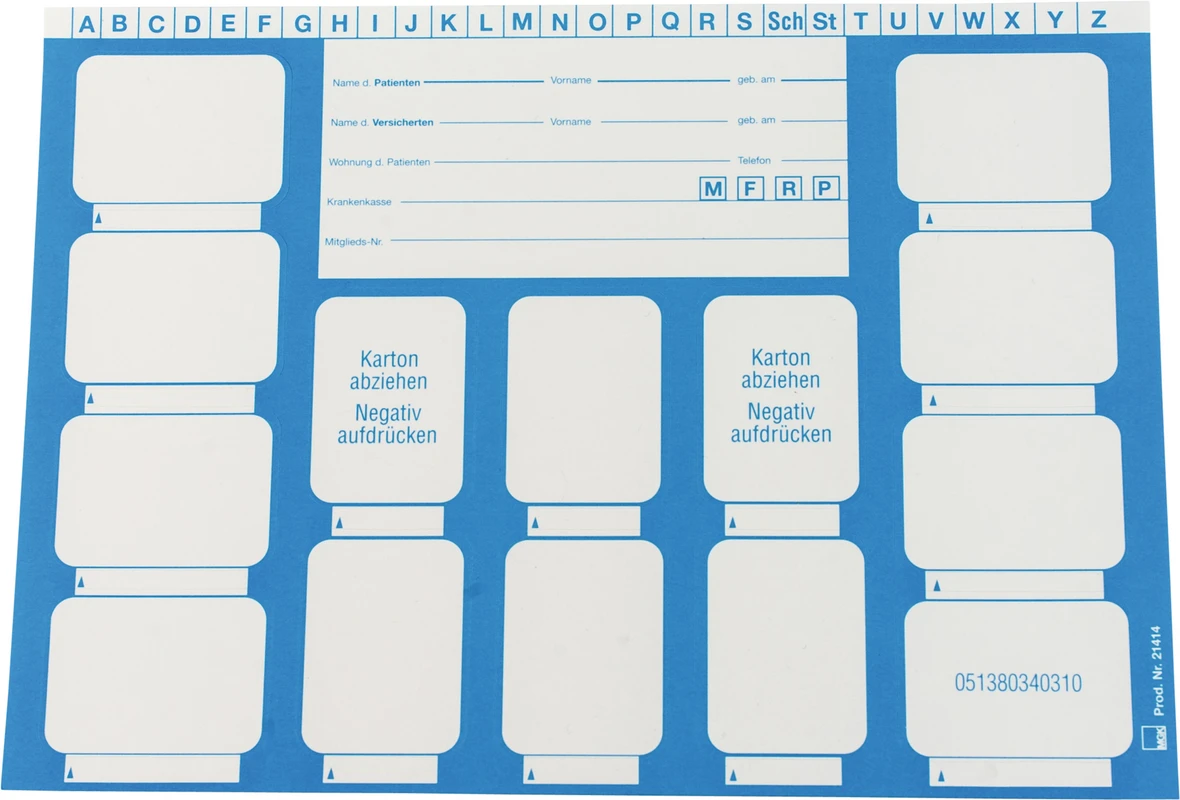 Dentalfilmkarten - selbstklebend Packung 200 Stück Format DIN A6 quer für 14 Zahnfilme hellblau