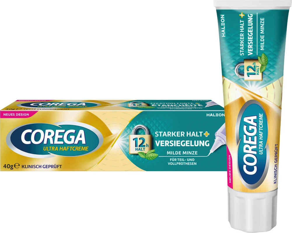 Corega Ultra Haftcreme Tube 40 g Starker Halt + Versiegelung, milder Minzgeschmack