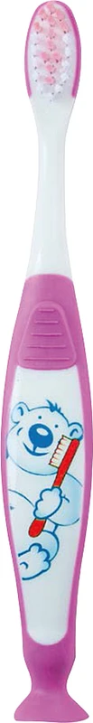 Kinderzahnbürste mit Saugfuss Packung 12 Stück Bär, pink