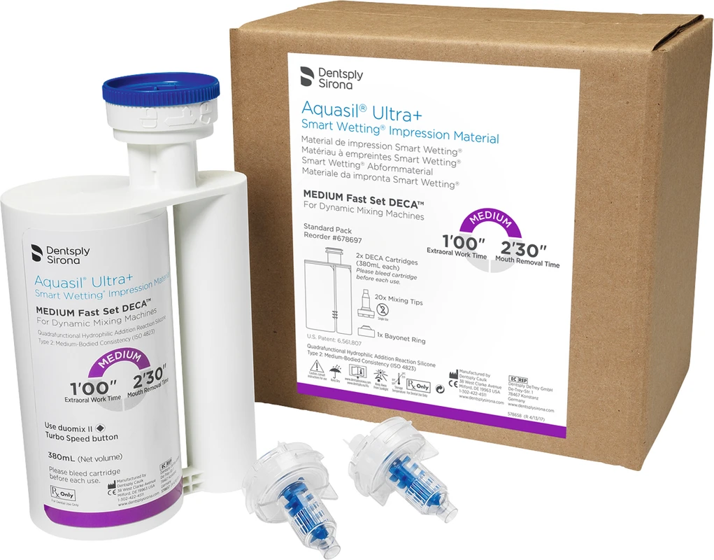 Aquasil® Ultra+ Packung 2 x 380 ml Doppelkartusche DECA Medium Fast Set, 20 Mischkanülen Aquasil® Ultra+ Dentsply Sirona