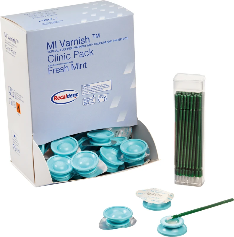 GC MI Varnish™ Clinic Packung 100 x 0,40 ml Minze, 100 Einmalpinsel