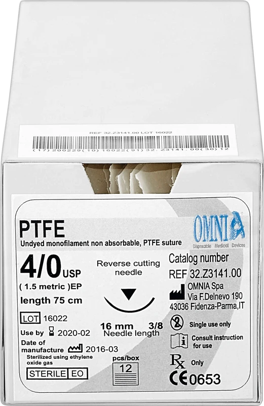 PTFE Nahtmaterial Packung 12 Stück 45 cm, Stärke 5/0, 3/8 Kreis, 12 mm PTFE Nahtmaterial Omnia