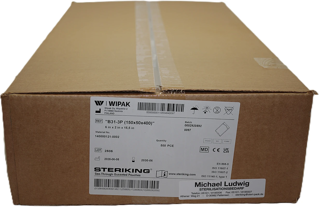 Beutel mit Seitenfalte Typ B Packung 10 x 50 Stück B 31-3P, 150 x 50 x 400 mm