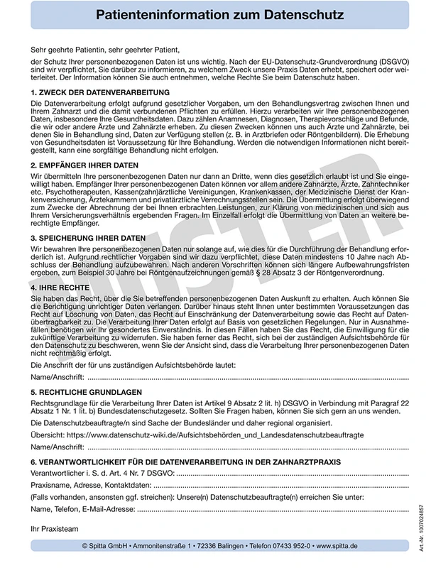 Patienteninformation zum Datenschutz Stück 100 Blatt deutsch